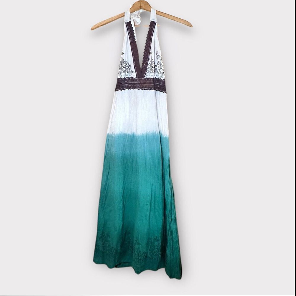 NWT Chaudry KC Boho White And Green Ombre Maxi Dress Halter Neck Lined Size M